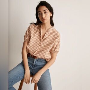 NWT Madewell Crinkle Cotton Bubble-Sleeve Popover Shirt in Check - Medium Orange